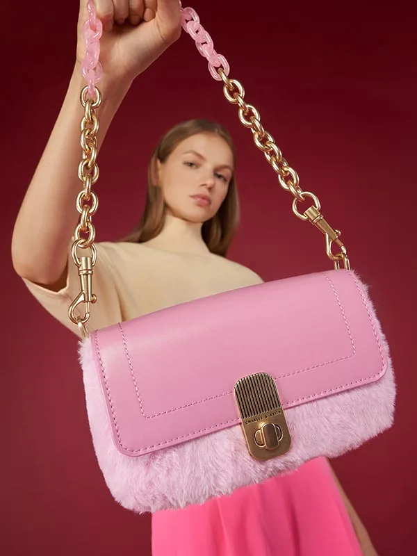 Túi Xách Nữ Charles & Keith CNK Enya Front Flap Turn-Lock Shoulder Bag Pink 20781652 Màu Hồng