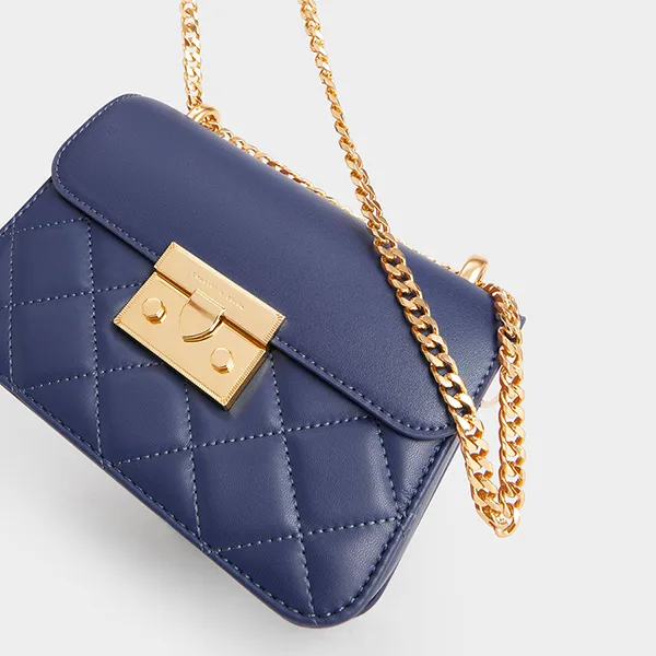 Túi Đeo Chéo Nữ Charles & Keith CNK Metallic Push-Lock Chain Bag 80701218-6 Màu Navy
