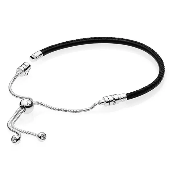 Vòng Đeo Tay Pandora Moments Black Leather Slider Bracelet Phối Màu Đen Bạc
