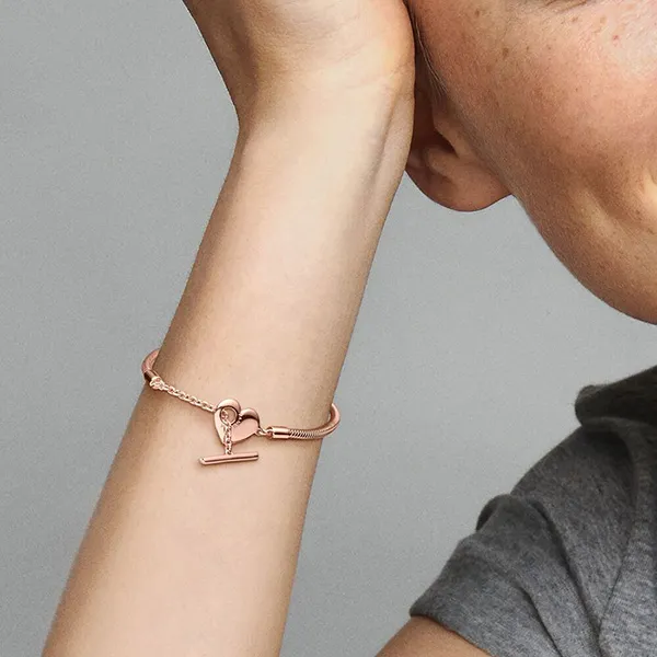Vòng Đeo Tay Pandora Moments Heart T-Bar Snake Chain Bracelet 589285C00 Màu Vàng Hồng Size 17