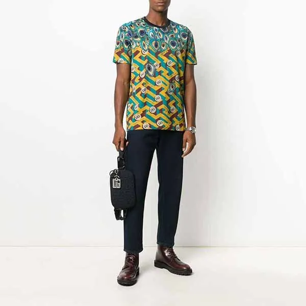 Áo Phông Nam Dolce & Gabbana D&G Feather-Print Cotton T-Shirt G8KBAT FI702 Màu Vàng In Họa Tiết