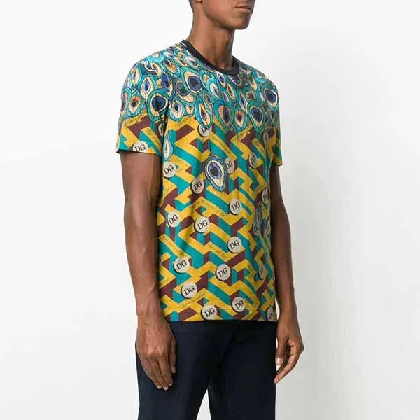 Áo Phông Nam Dolce & Gabbana D&G Feather-Print Cotton T-Shirt G8KBAT FI702 Màu Vàng In Họa Tiết