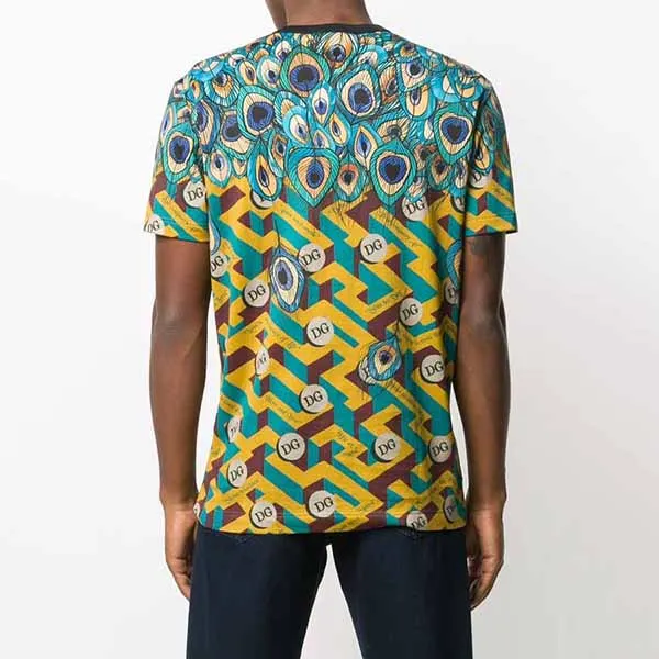 Áo Phông Nam Dolce & Gabbana D&G Feather-Print Cotton T-Shirt G8KBAT FI702 Màu Vàng In Họa Tiết