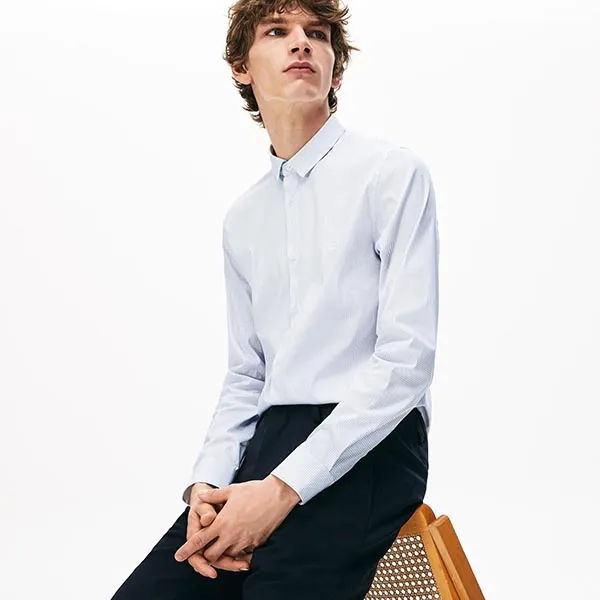Áo Sơ Mi Lacoste Men's Printed Stretch Poplin CH6793-00 9AR Shirt Màu Xanh Blue