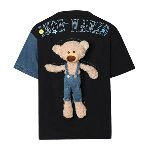 Áo Phông 13 De Marzo Sweet Bean Bear Denim Patchwork T-Shirt Màu Xanh Navy