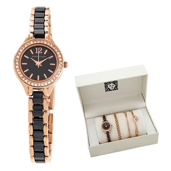 Set Đồng Hồ Và Vòng Đeo Tay Nữ Anne Klein Quartz Crystal Black Dial Ladies Watch And Bracelet 1954RNST - 1