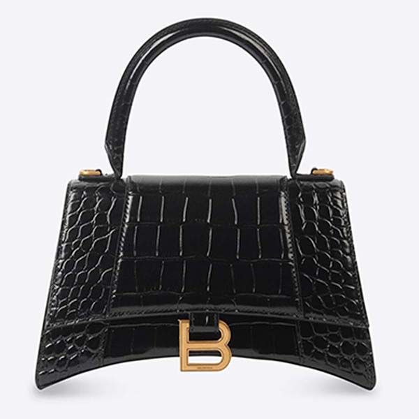 Túi Xách Balenciaga Women's Hourglass Small Handbag Crocodile Embossed In Black Màu Đen - 1