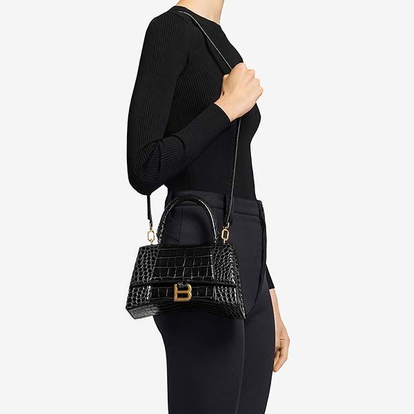 Túi Xách Balenciaga Women's Hourglass Small Handbag Crocodile Embossed In Black Màu Đen - 5