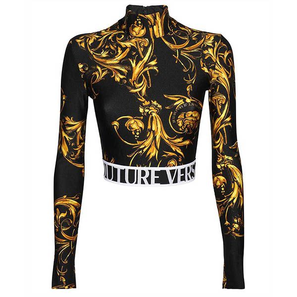 Áo Dài Tay Nữ Versace Jeans Couture 72HAH6A7 JS055 Regalia Baroque Crop T-Shirt Black Màu Đen Vàng - 1