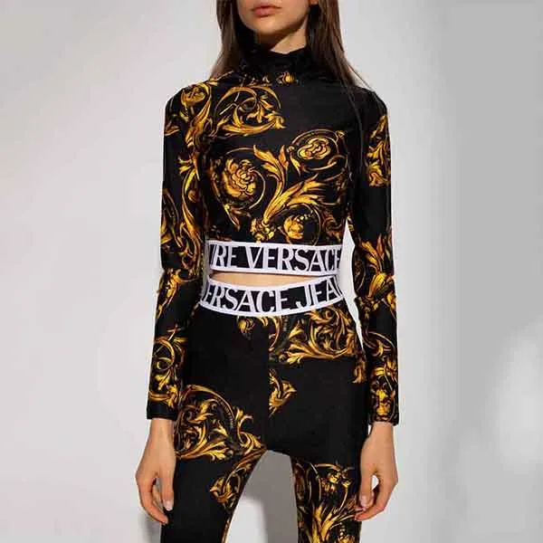 Áo Dài Tay Nữ Versace Jeans Couture 72HAH6A7 JS055 Regalia Baroque Crop T-Shirt Black Màu Đen Vàng - 3