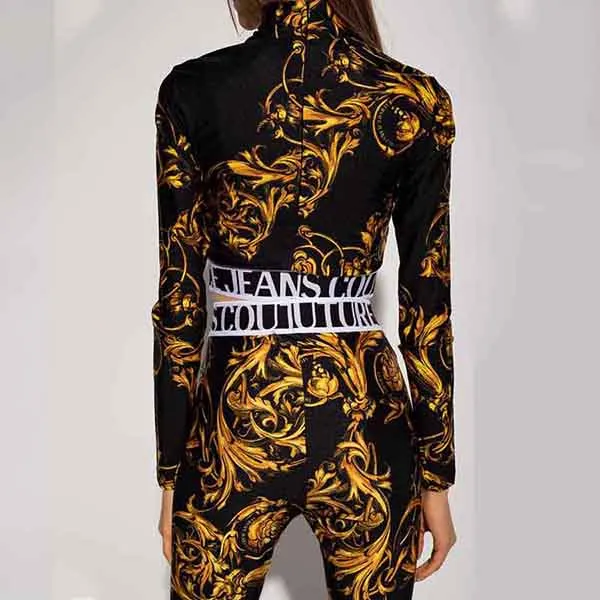 Áo Dài Tay Nữ Versace Jeans Couture 72HAH6A7 JS055 Regalia Baroque Crop T-Shirt Black Màu Đen Vàng - 4