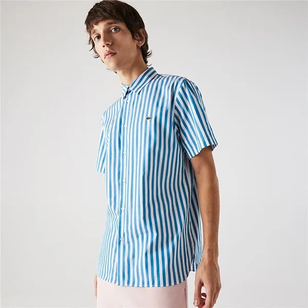 Áo Sơ Mi Lacoste Men's Short Sleeve Striped Regular Fit CH0955-3YD Poplin Shirt Màu Xanh Kẻ