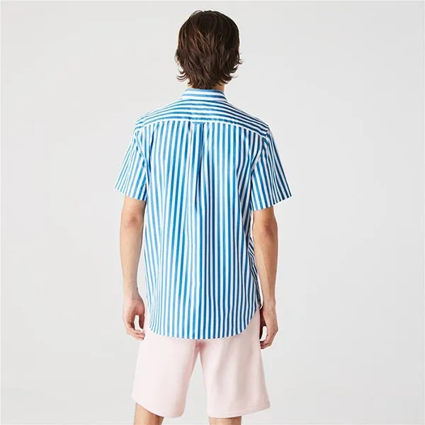Áo Sơ Mi Lacoste Men's Short Sleeve Striped Regular Fit CH0955-3YD Poplin Shirt Màu Xanh Kẻ
