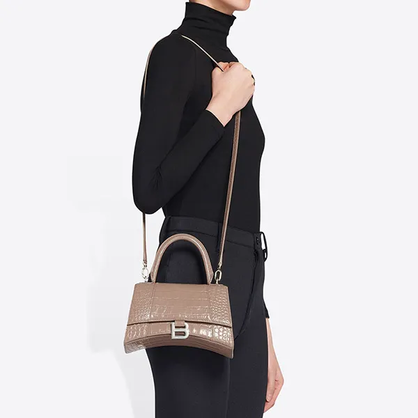 Túi Xách Balenciaga Women's Hourglass Small Handbag Crocodile Embossed In Brown Màu Nâu