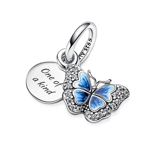 Hạt Vòng Charm Pandora Blue Butterfly & Quote Double Dangle Màu Bạc