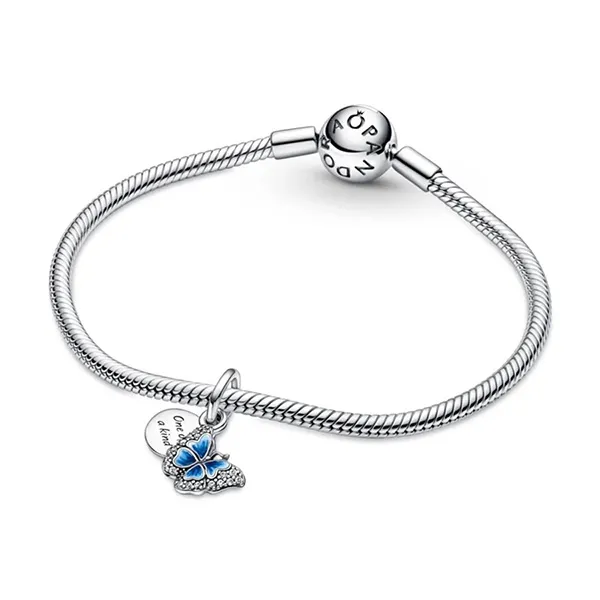 Hạt Vòng Charm Pandora Blue Butterfly & Quote Double Dangle Màu Bạc