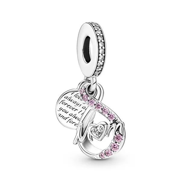 Hạt Vòng Charm Pandora Mum Infinity Pavé Double Dangle Màu Hồng