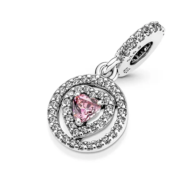 Hạt Vòng Charm Pandora Sparkling Double Halo Heart Dangle 791476C01 Màu Hồng
