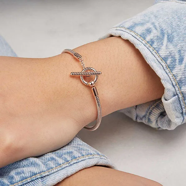 Vòng Đeo Tay Pandora Moments T-Bar Snake Chain Bracelet Màu Vàng Hồng Size 16