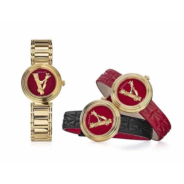 Đồng Hồ Nữ Versace Versus Virtus Mini Duo Watch 28mm Màu Vàng Mặt Đỏ + 2 Dây Da