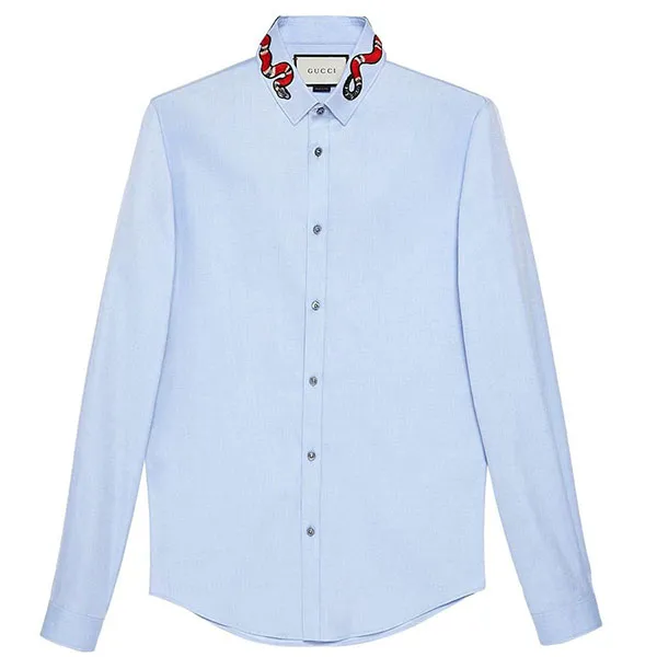 Áo Sơ Mi Gucci Cotton Duke Snake Collar Shirt Cổ Rắn 43350-Z3898 Màu Xanh Blue