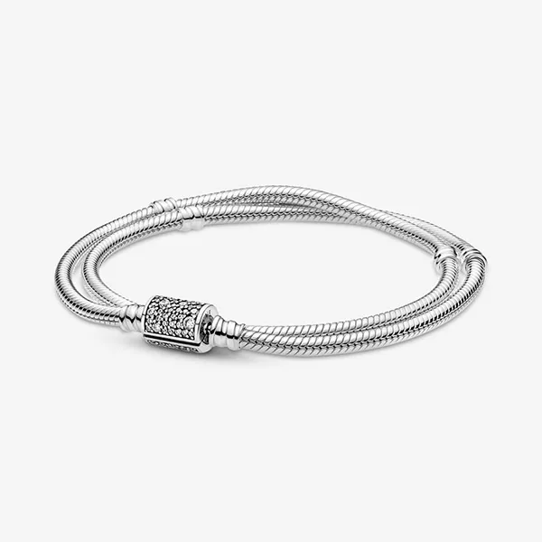 Vòng Đeo Tay Pandora Moments Chuỗi Rắn 2 Vòng Với Khóa Hình Trụ Đính Đá 599544C01 Màu Bạc Size 16