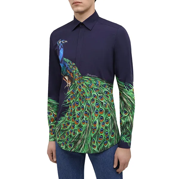 Áo Sơ Mi Nam Dolce & Gabbana D&G Men's Blue Peacock-Print Cotton Gold-Fit Shirt G5GB3T-HP57Z Màu Xanh Navy