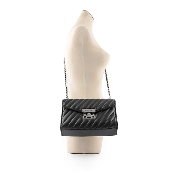 Túi Đeo Chéo Michael Kors MKRose Plain Stitched Leather Flap Shoulder Màu Đen Khóa Bạc