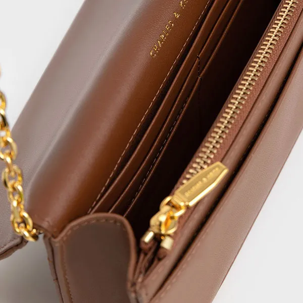 Túi Đeo Chéo Nữ Charles & Keith CNK Paffuto Chain Handle Quilted Long Wallet CK6-10680992-1 Màu Nâu