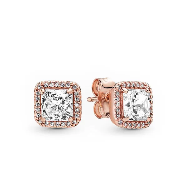 Khuyên Tai Pandora Square Sparkle Halo Stud Earrings 280591CZ Màu Vàng Hồng