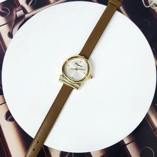 Đồng Hồ Nữ Salvatore Ferragamo Gancini Slim Watch Màu Nâu Trắng