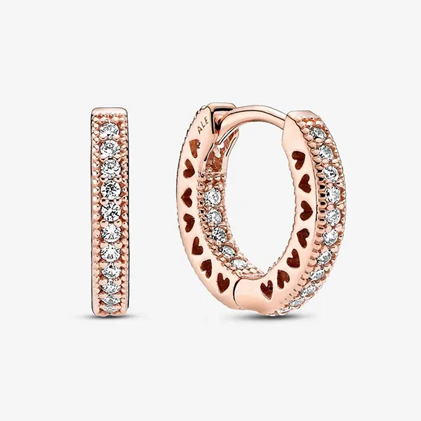Khuyên Tai Pandora Pavé Heart Hoop Earrings 286317C01 Màu Vàng Hồng