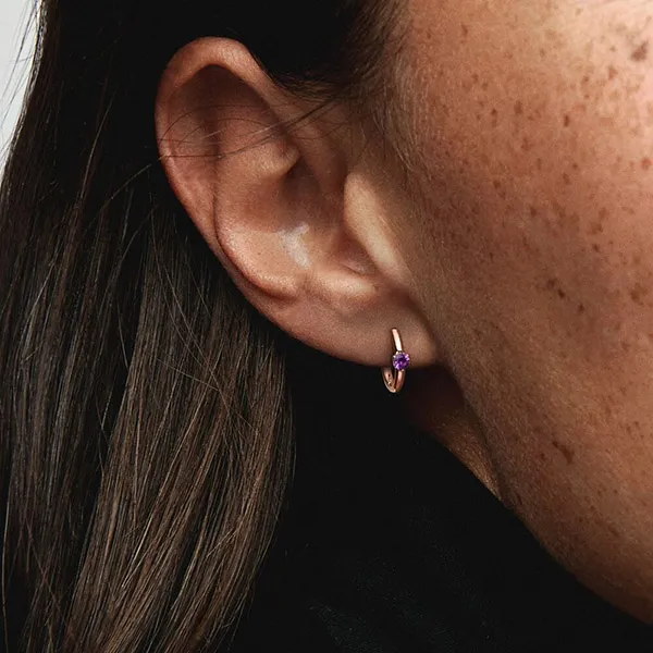 Khuyên Tai Pandora Purple Solitaire Huggie Hoop Earrings 289304C01 Màu Vàng Hồng