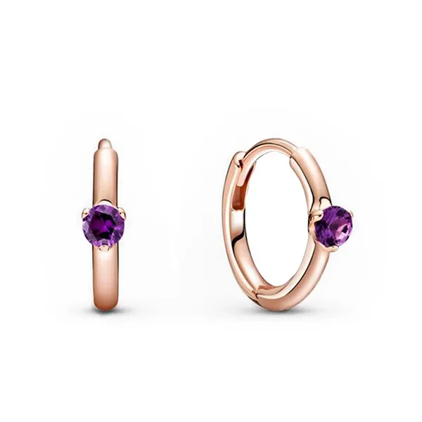 Khuyên Tai Pandora Purple Solitaire Huggie Hoop Earrings 289304C01 Màu Vàng Hồng