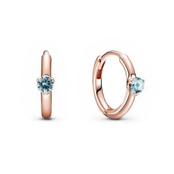 Khuyên Tai Pandora Light Blue Solitaire Huggie Hoop Earrings 289304C02 Màu Vàng Hồng