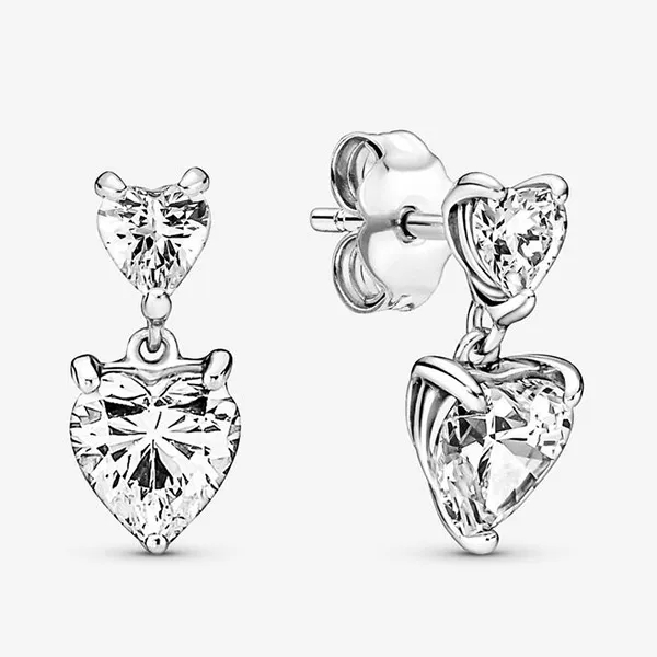 Khuyên Tai Pandora Double Heart Sparkling Stud Earrings 291199C01 Màu Bạc