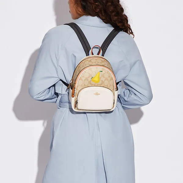 Balo Coach Mini Court Backpack In Signature Canvas With Pear Màu Nâu Trắng - Túi xách - Vua Hàng Hiệu