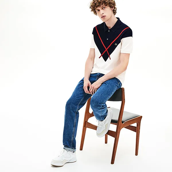 Áo Polo Lacoste Made In France Regular Fit Jacquard Patterned Piqué Màu Navy Trắng Size S