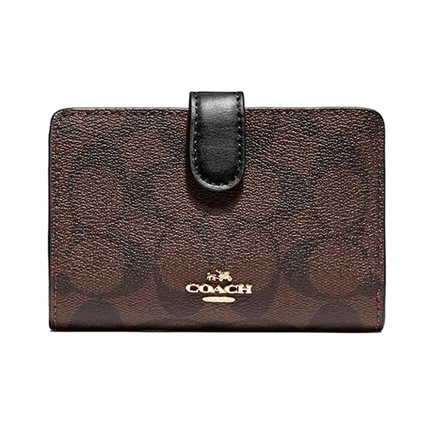 Ví Nữ Coach Medium Corner Zip Wallet In Signature Canvas Màu Nâu Đen
