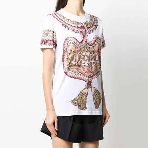 Áo Phông Moschino Rope Print T-shirt 202E J070855401001 Màu Trắng Họa Tiết Vàng Hồng Size XS
