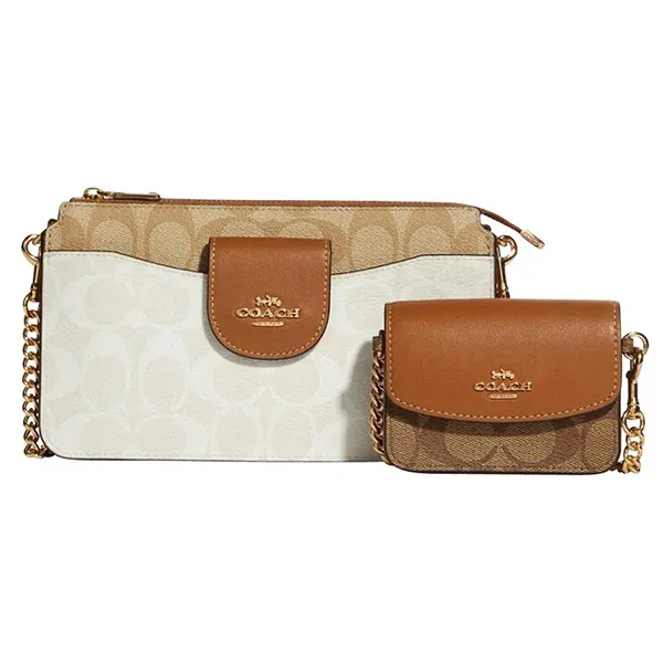 Túi Đeo Chéo Coach Poppy Crossbody With Card Case In Blocked Signature Canvas Màu Trắng Nâu