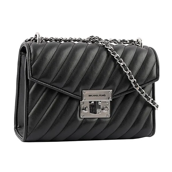 Túi Đeo Chéo Michael Kors MKRose Plain Stitched Leather Flap Shoulder Màu Đen Khóa Bạc