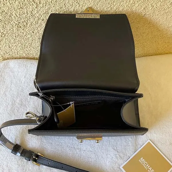 Túi Đeo Chéo Michael Kors MK Serena Top Handle Trapezoid Black Leather Satchel Màu Đen - Túi xách - Vua Hàng Hiệu
