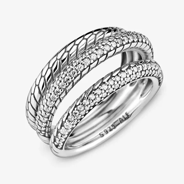 Nhẫn Pandora Triple Band Pavé Snake Chain Pattern Ring Màu Bạc