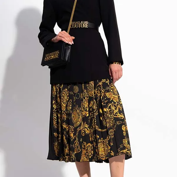 Chân Váy Dáng Dài Versace Jeans Couture Pleated Skirt Họa Tiết 71HAE805 NS006 G89 Màu Đen Vàng