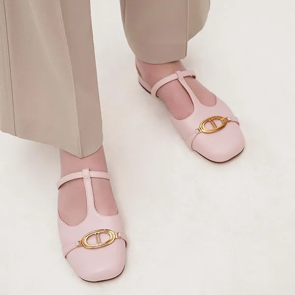 Giày Sục Nữ Charles & Keith CNK Metallic Accent Cut-Out Flat Mules 70900383 Light Pink Màu Hồng Nhạt