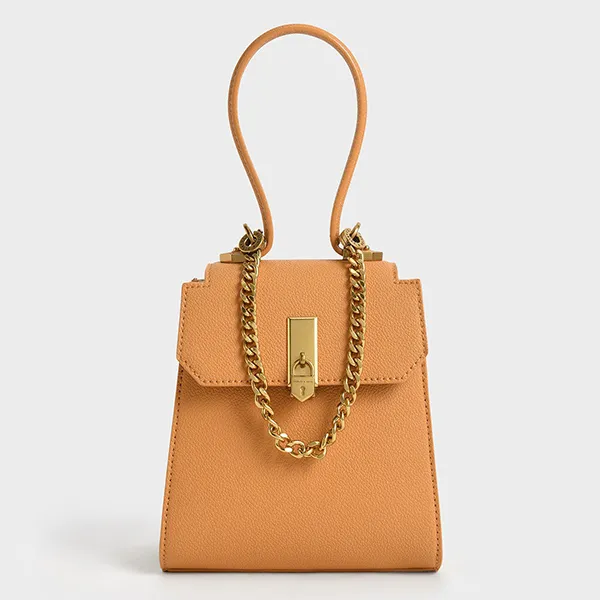 Túi Xách Nữ Charles & Keith CNK Geometric Top Handle Chain-Link Bag 50270882-1 Màu Cam Nâu