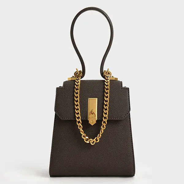 Túi Xách Nữ Charles & Keith CNK Geometric Top Handle Chain-Link Bag 50270882-1 Màu Đen Rêu