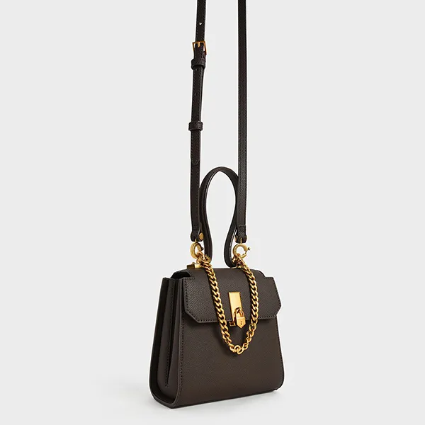 Túi Xách Nữ Charles & Keith CNK Geometric Top Handle Chain-Link Bag 50270882-1 Màu Đen Rêu