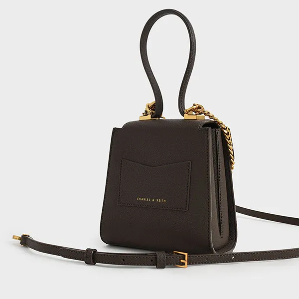 Túi Đeo Chéo Nữ Charles & Keith CNK Geometric Top Handle Chain-Link Bag - Dark Moss 50270882-1 Màu Nâu Đậm
